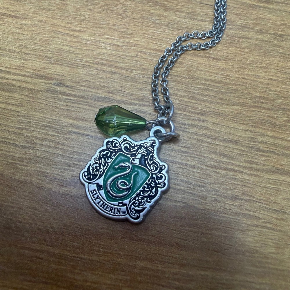 Harry Potter Slytherin Crest Necklace Silver Tone Green Bead WBEI Hogwarts